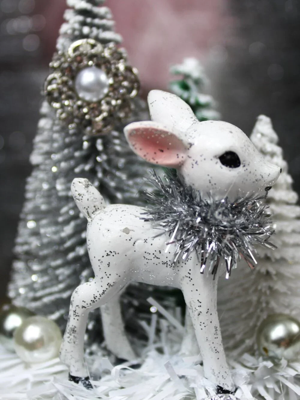 Silver Christmas Assemblage: Retro White Deer and Bottle Brush Trees in Vintage
